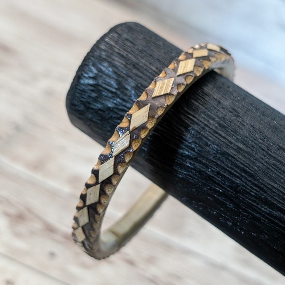 Vintage Bracelet / Bangle - Wood with Diamond Pattern - Has Been Repaired